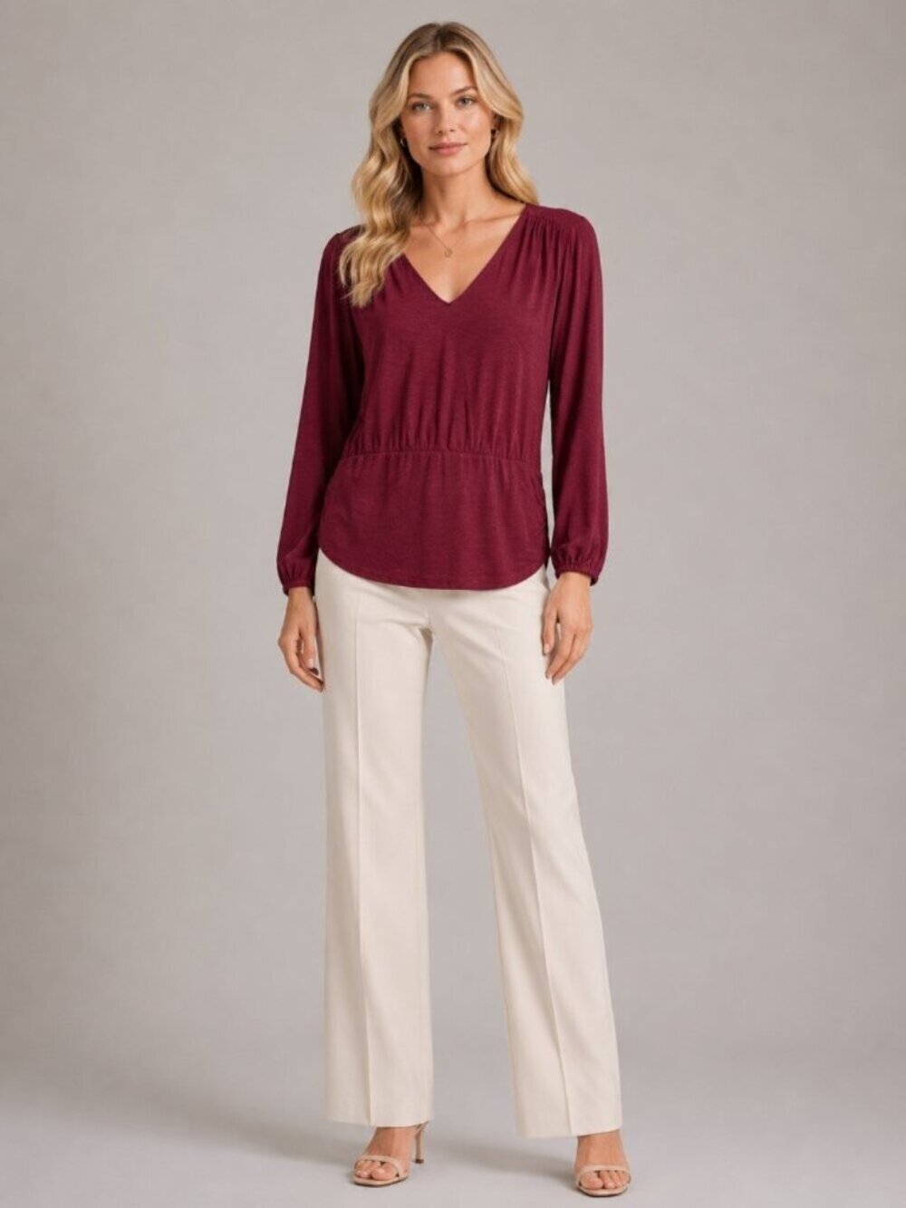 NWT White House Black Market Long Sleeve V Neck Banded Top Zinfandel M